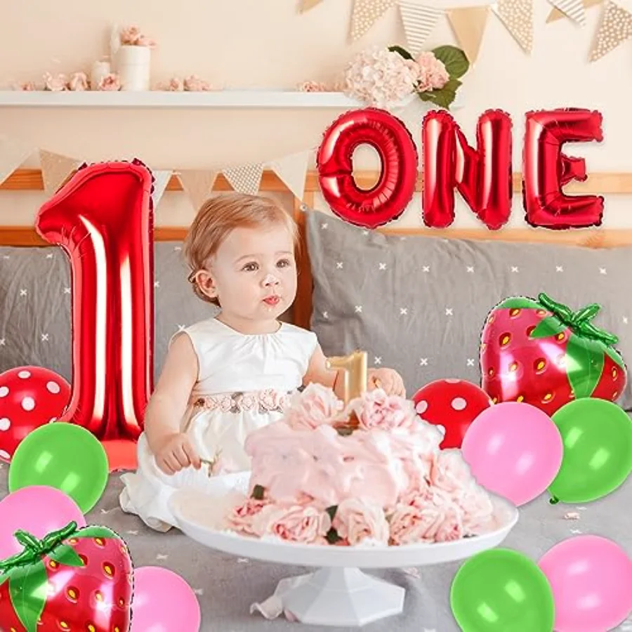 30 Pcs Strawberry 1st Birthday Decoration Supplies Number One Balloon, view 4