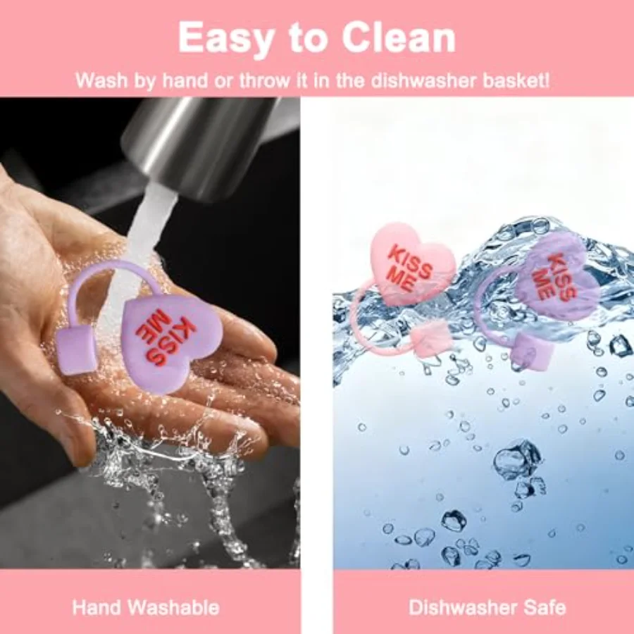 6 Pcs Valentine's Day Conversation Heart Straw Cover Cap Reusable Silicone, view 4