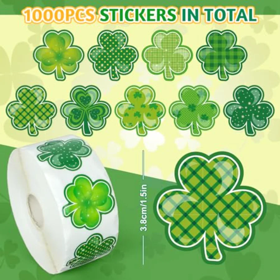 1000Pcs St. Patrick's Day Stickers Roll Shamrock Clover Paper Decals 9, view 2