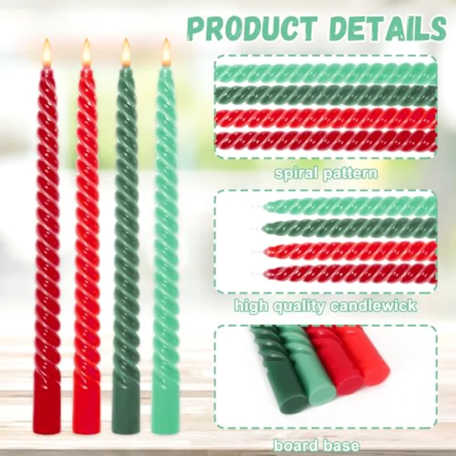 8Pcs 10 Inch Christmas Spiral Taper Candles Red Green Dripless Twisted Wax, view 3