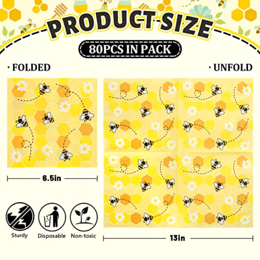 Bee Paper Napkins 6.5 x 6.5 Inch Bumblebee Daisies Print Disposable, view 2