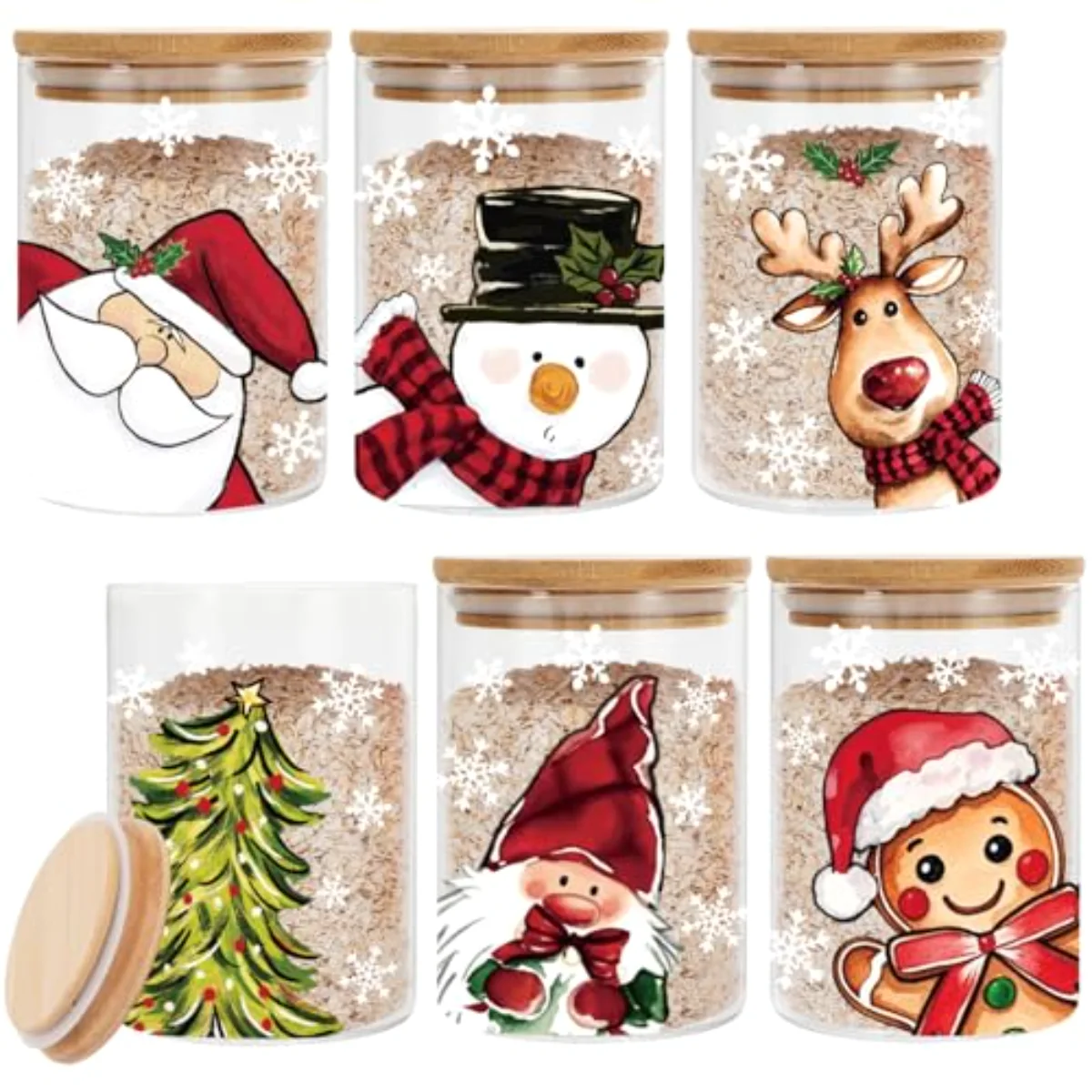 6Pcs Christmas Glass Storage Jars with Airtight Lid Santa Snowman Reindeer