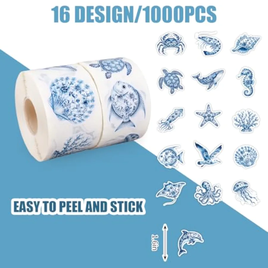 1000Pcs Summer Ocean Animal Sticker Roll Blue Sea Creature Stickers, view 2