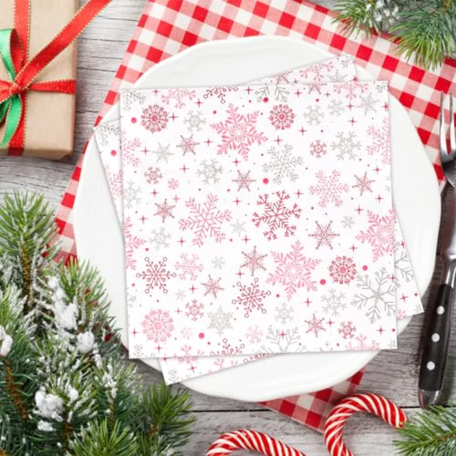 80 Pack Pink Paper Napkins Winter Snowflake Disposable Napkins Pink Silver, view 4