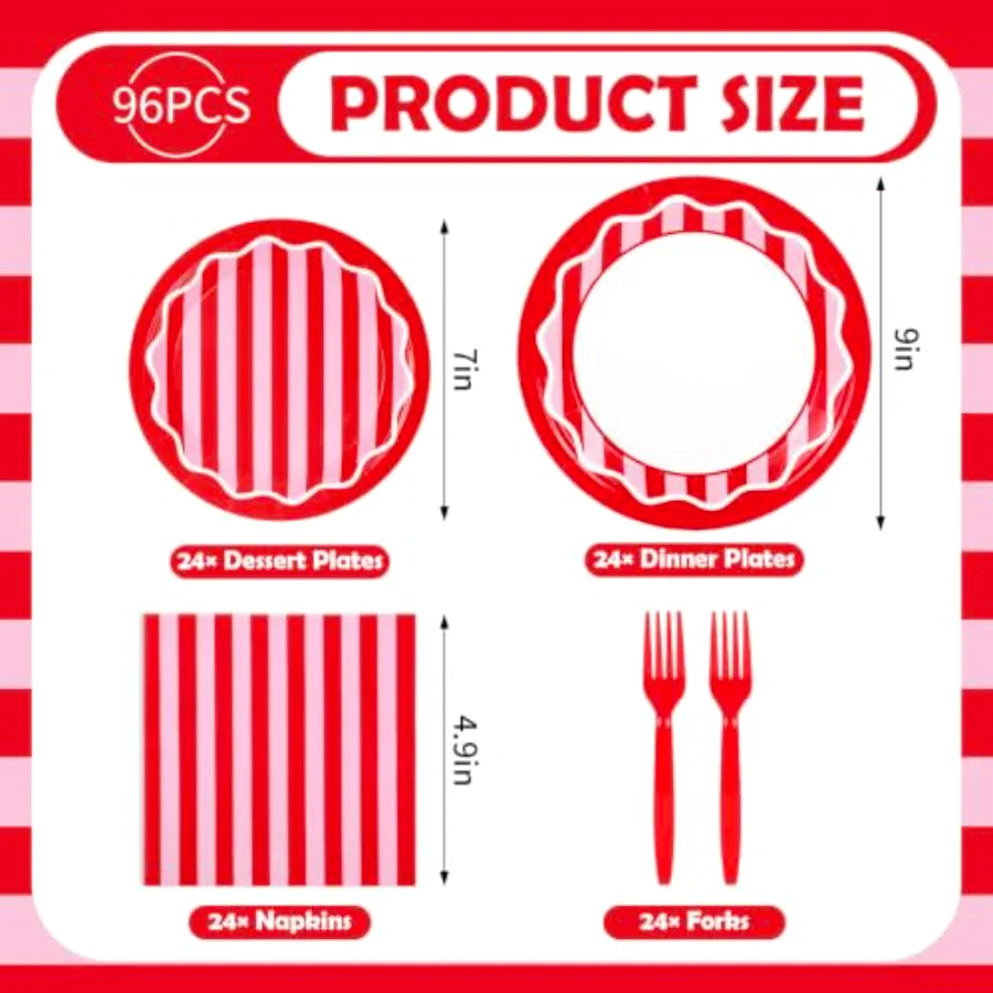 96Pcs Striped Tableware Set Serves 24 Red Pink Stripe Disposable, view 2