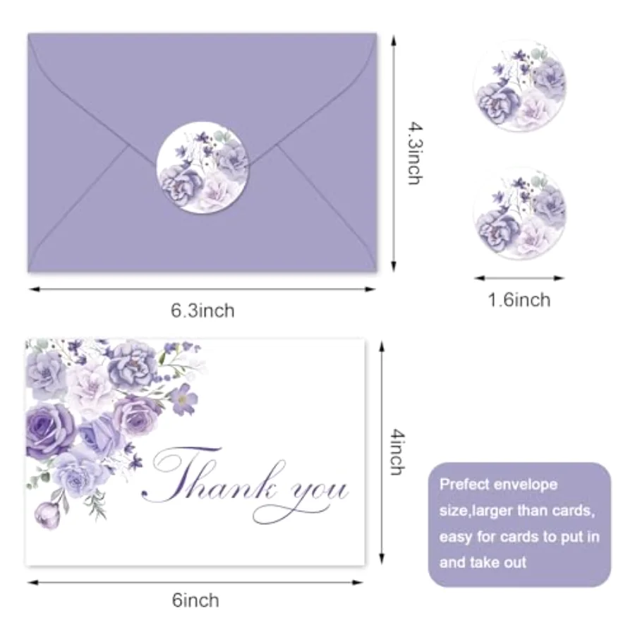 24Pcs Lavender Floral Thank You Cards with Envelopes and Stickers Purple, view 2