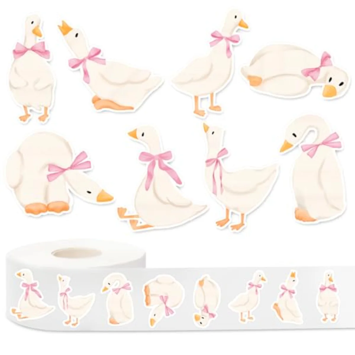 1000Pcs One Silly Goose Stickers Roll 8 Design Pink Bow Goose Self