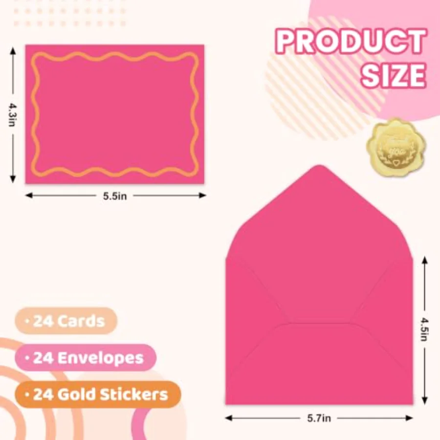 24Pcs Flat Blank Notes with Envelopes Pink-Orange Wavy Line Stripe Blank, view 2