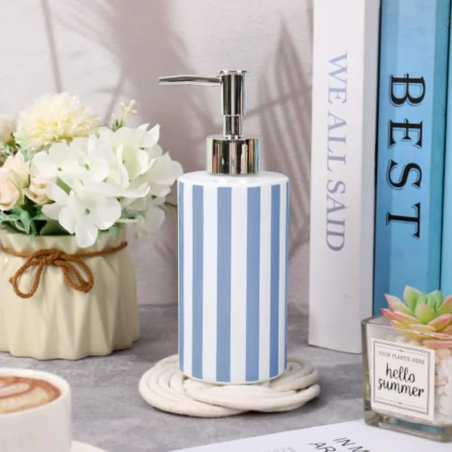 1 Pc Stripe Soap Dispenser Glass Blue White Striped Soap Dispenser with, view 3