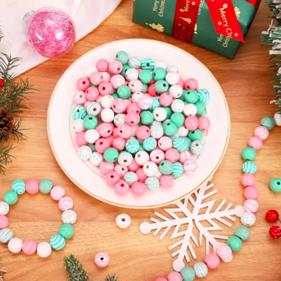 210Pcs Christmas Wooden Beads 12 Styles Pink-Green Xmas Pattern Round, view 4