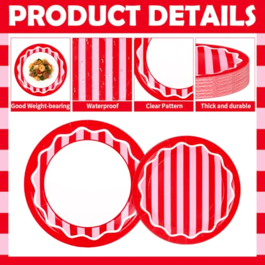 96Pcs Striped Tableware Set Serves 24 Red Pink Stripe Disposable, view 3