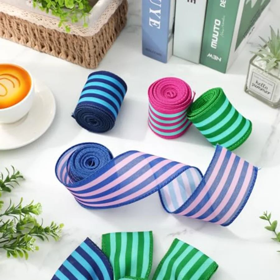 Colorful Stripe Wired Edge Ribbon 2.5 Inch Fabric Wrapping Ribbon for, view 4
