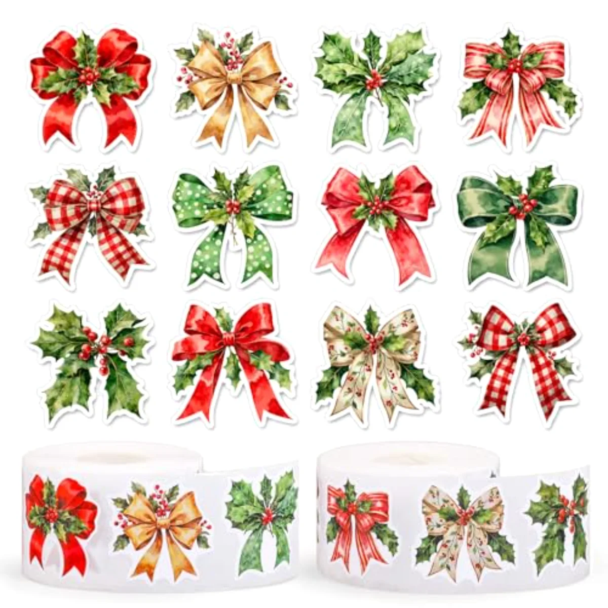 1000 Pcs Christmas Bow Stickers Roll Xmas Holly Berry Bowknot