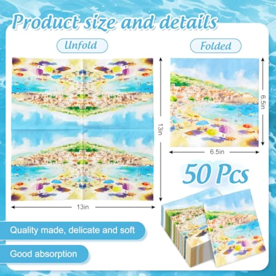 50 Pcs Beach Paper Napkins Disposable Luncheon Napkins Watercolor Sea, view 2