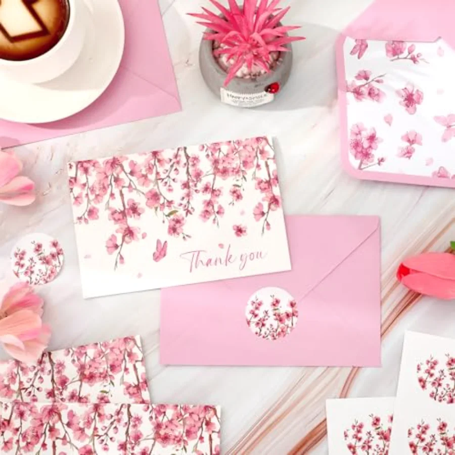 24Pcs Cherry Blossom Thank You Cards with Envelopes Stickers Pink Flower, view 3