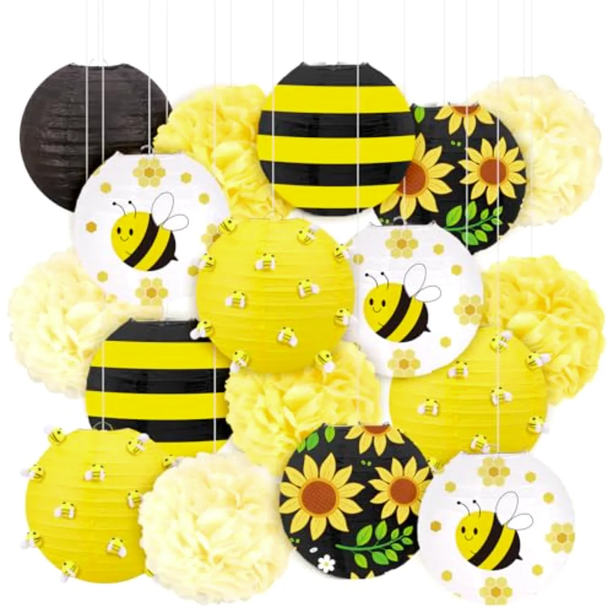 48 Pcs Bee Paper Lanterns Party Decoration Set Yellow Bumble Bee Sunflower