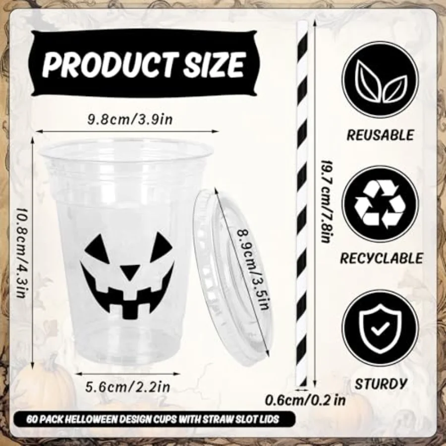 60 Pcs Halloween Disposable Plastic Cups with Lids and Straws 12 oz, view 2
