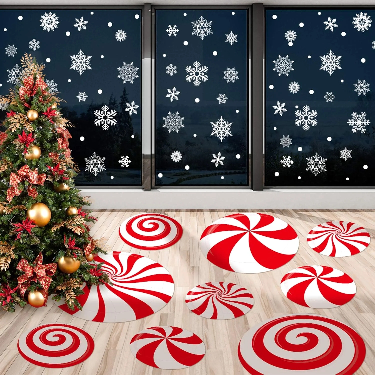 108Pcs Christmas Peppermint Floor Decals Candy Snowflake Stickers Xmas