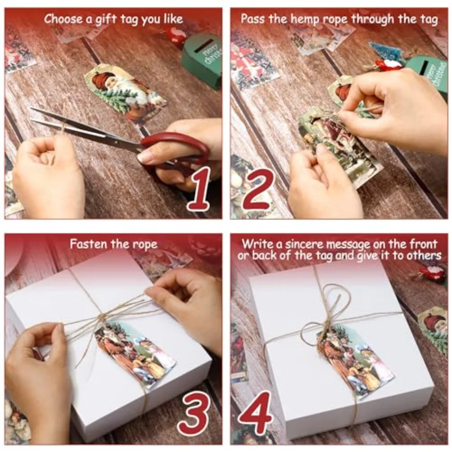 120Pcs Vintage Christmas Paper Gift Tags with Hemp Rope Santa Hanging Tag, view 3