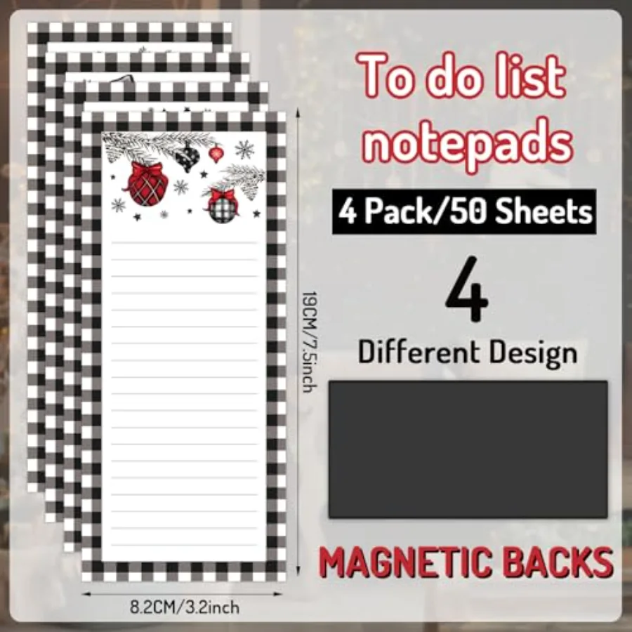 4Pcs Christmas Magnetic Notepads Black White Plaid Xmas Tree Snowman Truck, view 2