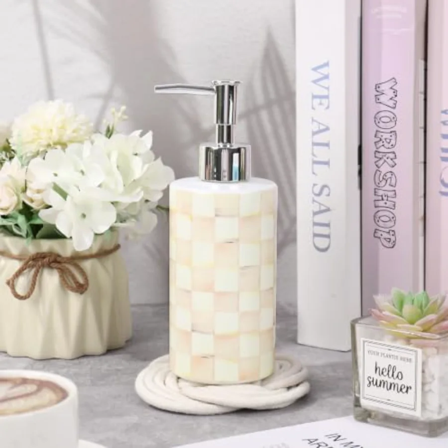 1 Pc Plaid Soap Dispenser Glass Beige White Checkered Soap Dispenser with, view 3