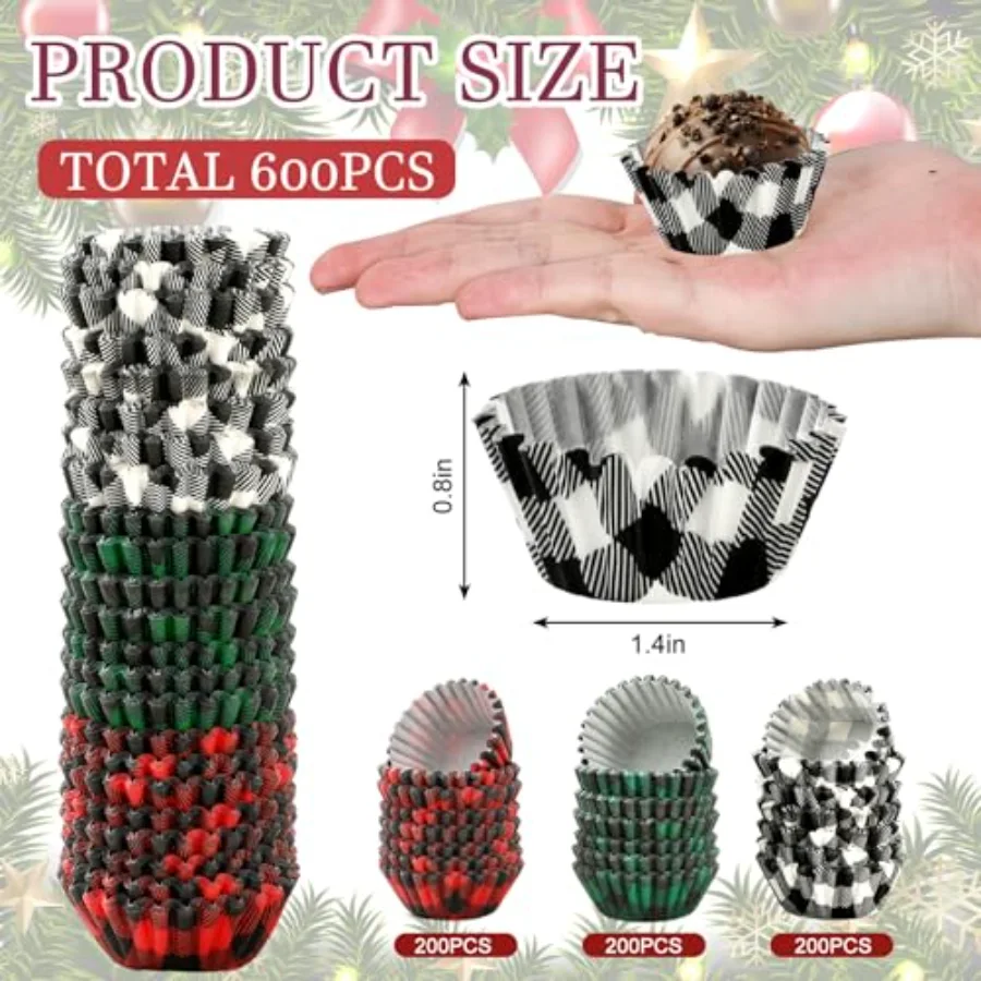 600Pcs Christmas Cupcake Wrappers 3 Colors Buffalo Plaid Cupcake Liners, view 2
