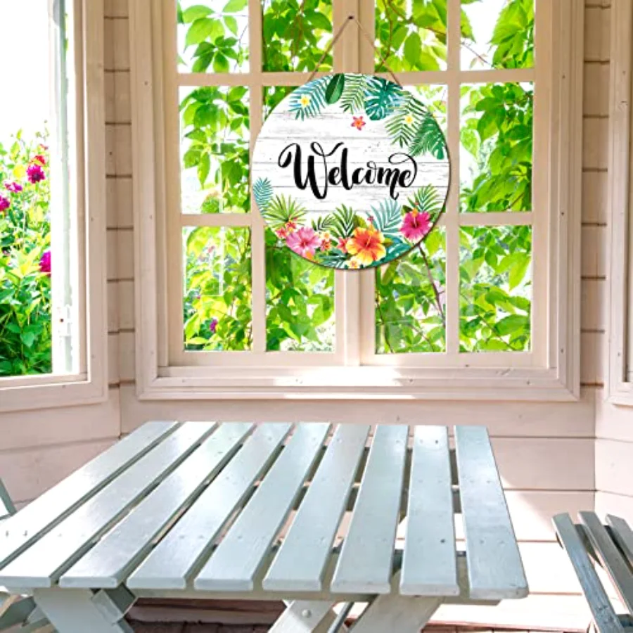 Summer Hawaiian Wooden Welcome Sign Tropical Flower Palm Leaves Hanging, view 3