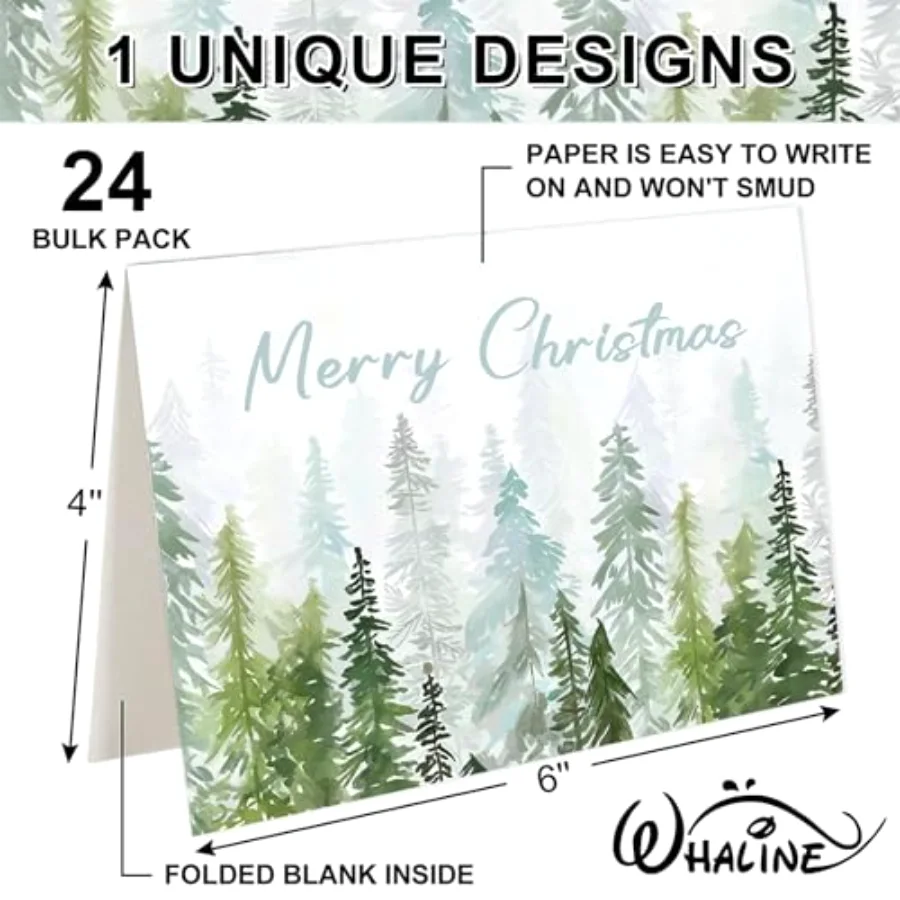 24 Pack Christmas Cards Pine Tree Forest Greeting Cards with Envelopes, view 2
