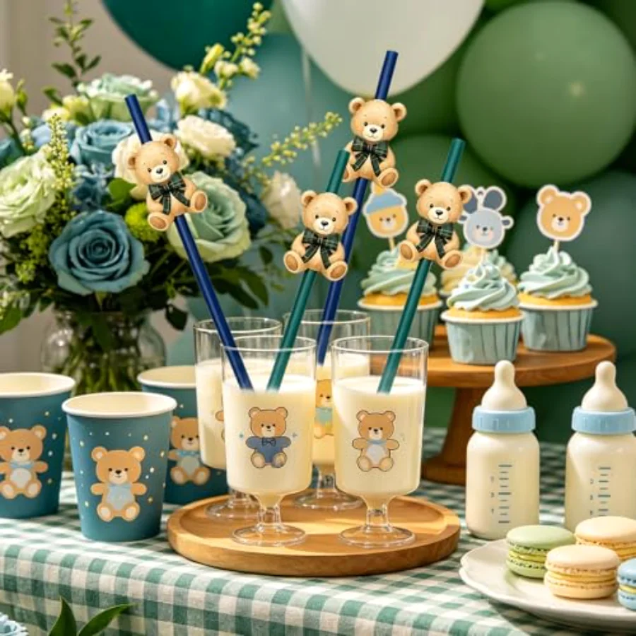 60Pcs Tartan Plaid Bear Paper Straws Baby Shower Drinking Straws Blue, view 4