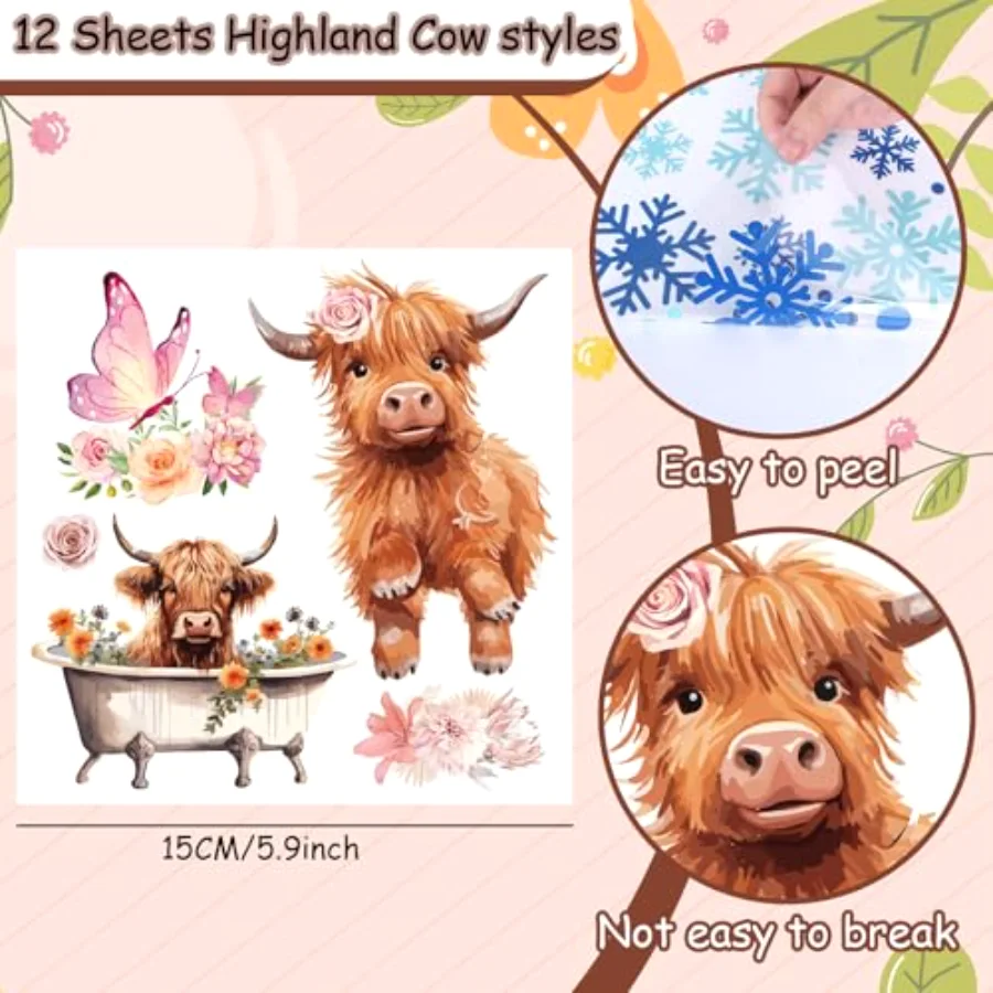 12 Sheet Highland Cow Rub on Transfers Pink Floral Brown Cow Transfer, view 2