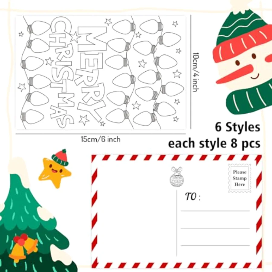 48 Pack Blank Christmas Color Your Own Postcards to Santa 6 Designs, view 2