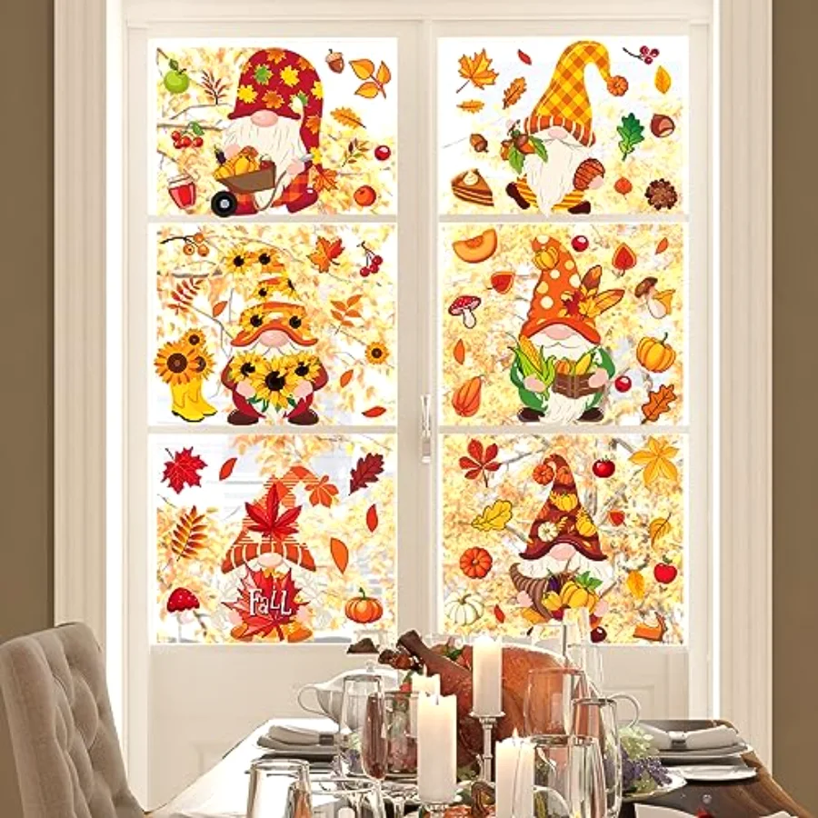 204 Pcs Fall Christmas Halloween Gnome Window Clings Colorful Cute Gnomes, view 2