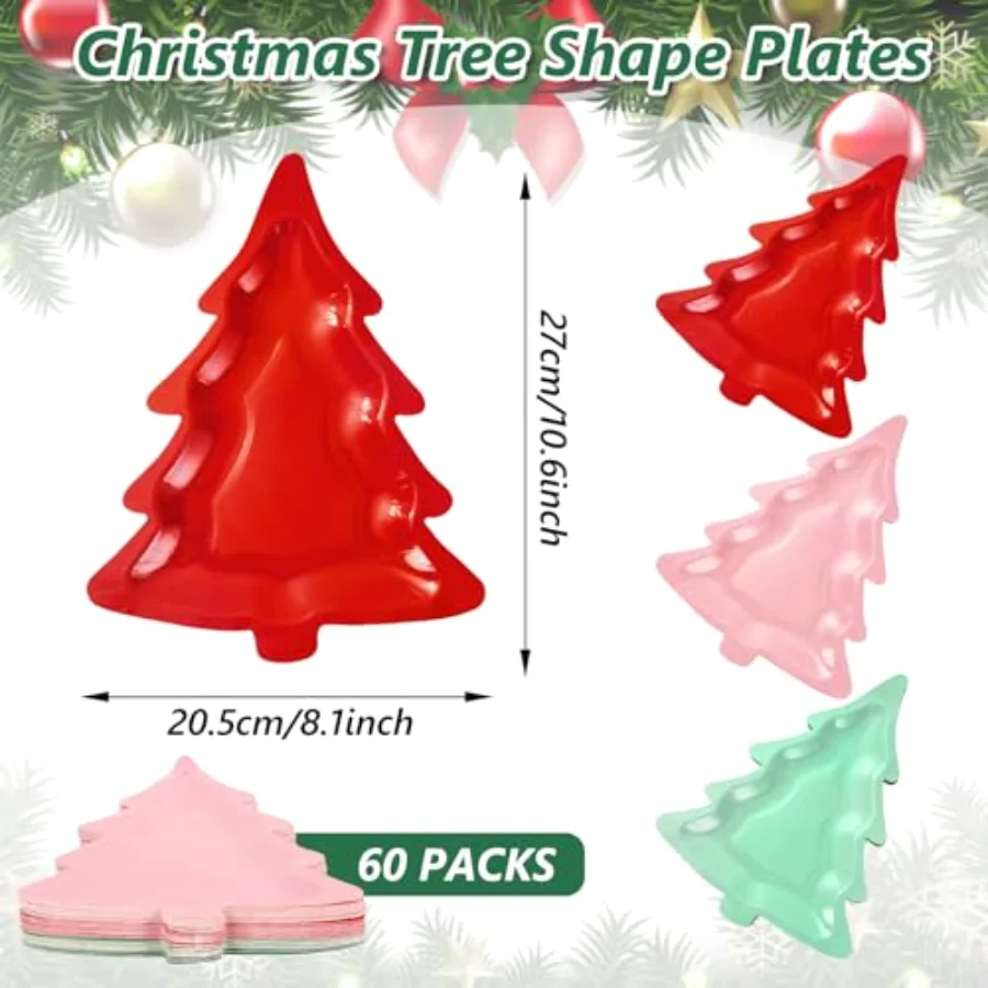60 Pcs Christmas Paper Plates Boho Xmas Tree Shaped Dinner Plates Red Pink, view 2