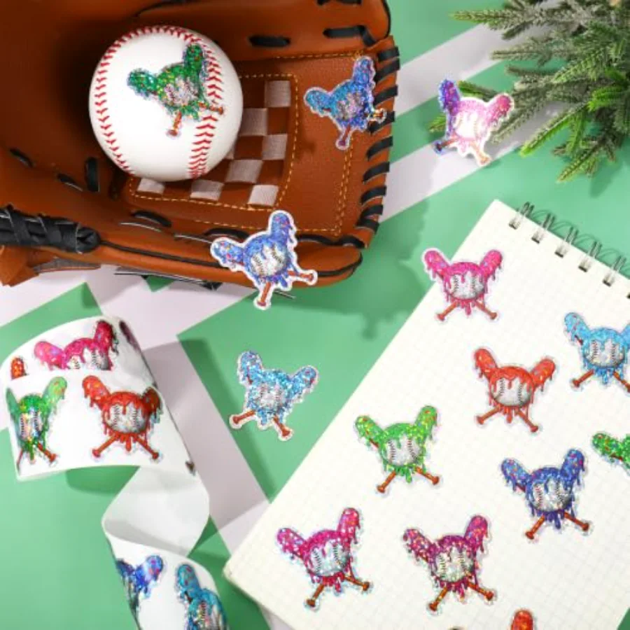 500Pcs Ice Cream Drip Baseball Sticker Roll Holographic Baseball, view 3