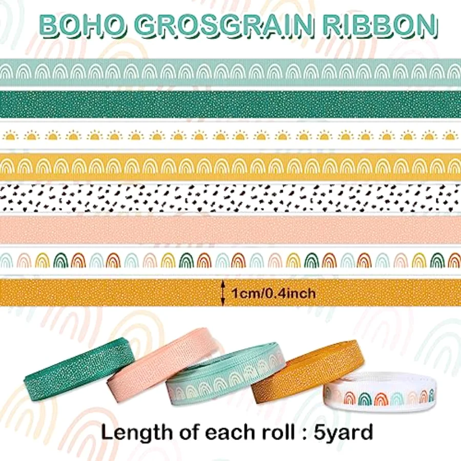 8 Rolls Boho Ribbon 40 Yards 0.4 Inch Grosgrain Ribbon Colorful Boho Sun, view 2