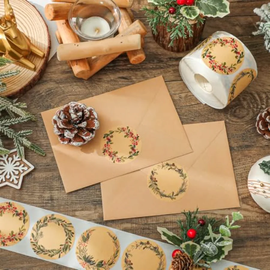 500 Pcs Christmas Kraft Label Stickers Roll Holly Berry Wreath Tag, view 4