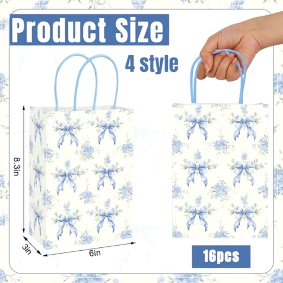 16Pcs Blue Floral Paper Bag with Handles 20 Sheets Tissue Paper Treat Bags, view 2