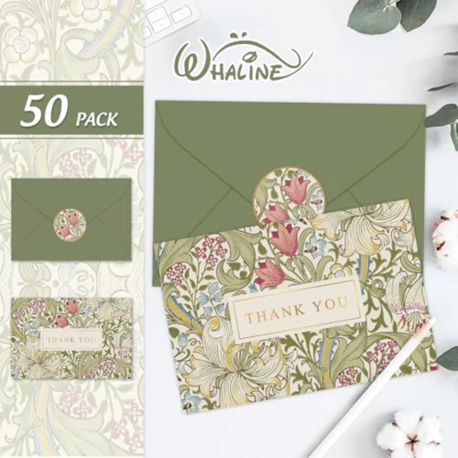 50 Packs Floral Gold Foil Thank You Cards Greeting Card Vintage Greenery, view 3