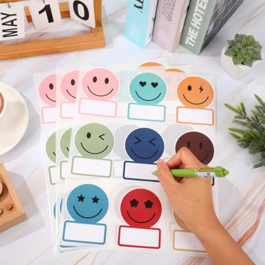 135 Pcs Boho Smile Face Name Tag Stickers Dark Color 9 Designs Nameplate, view 3