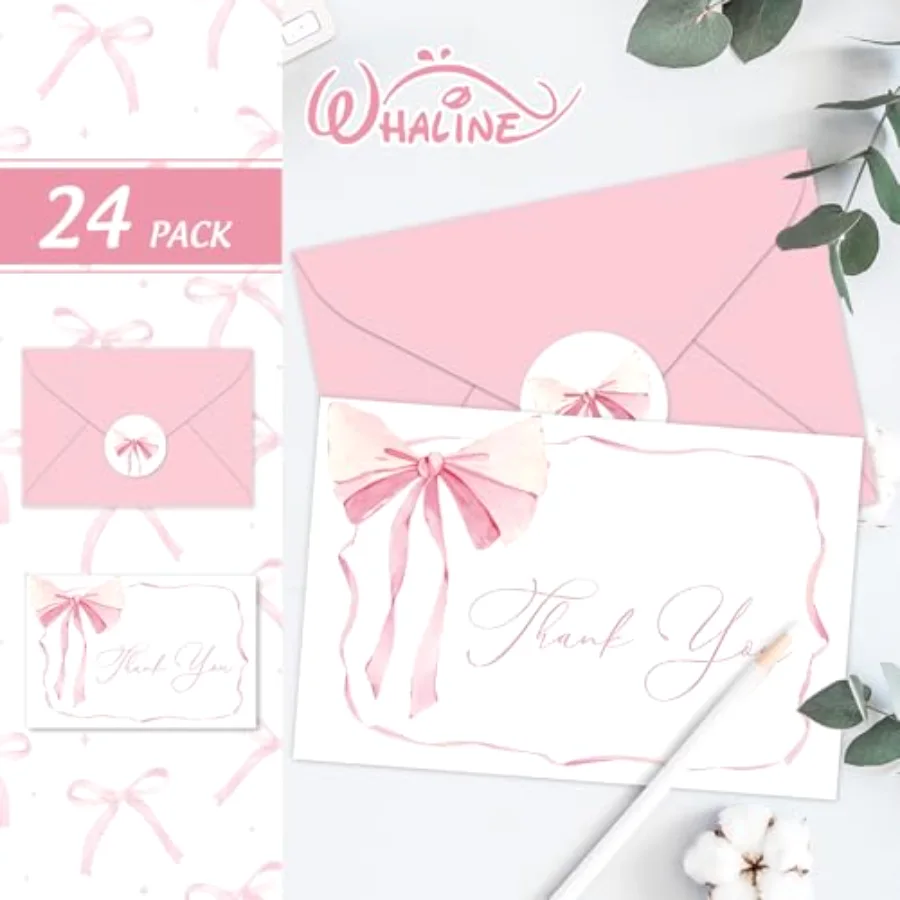 24 Pack Pink Bow Thank You Cards Coquette Bow Greeting Cards with, view 3