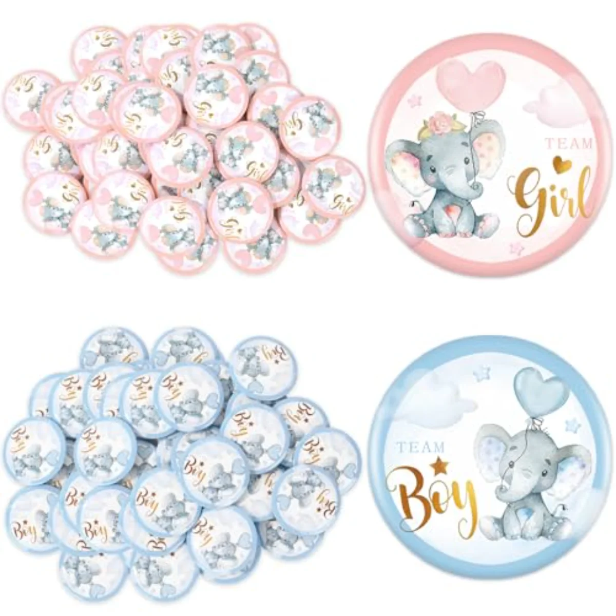 50 Pcs Elephant Balloon Gender Reveal Button Pink Blue Pins Team Girl Boy