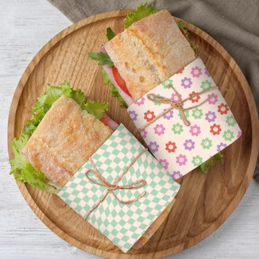 240Pcs Groovy Deli Paper Pastel Retro Smile Daisy Checkered Food Sandwich, view 4