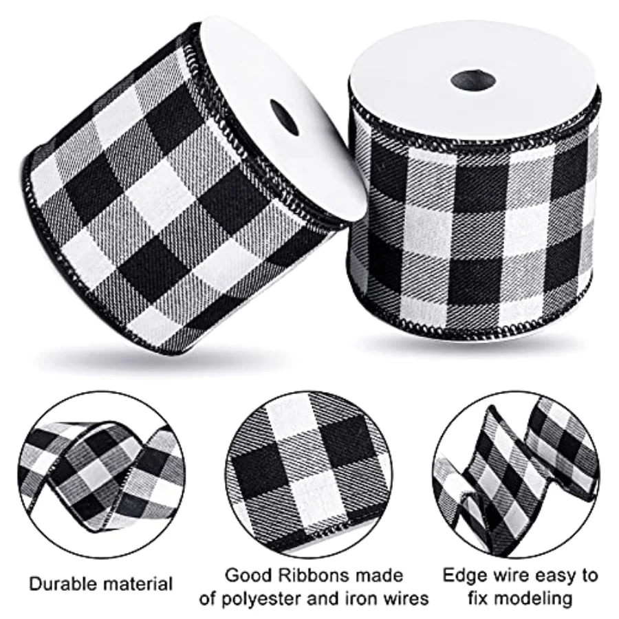 2 Rolls Wired Edge Plaid Ribbon Buffalo Check Ribbon White Black Plaid, view 3