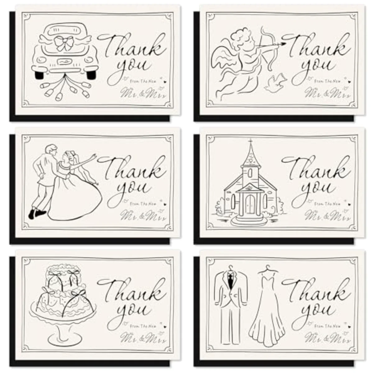 36 Pack Wedding Thank You Cards Black The New Mr & Mrs Cupid Cake Modern