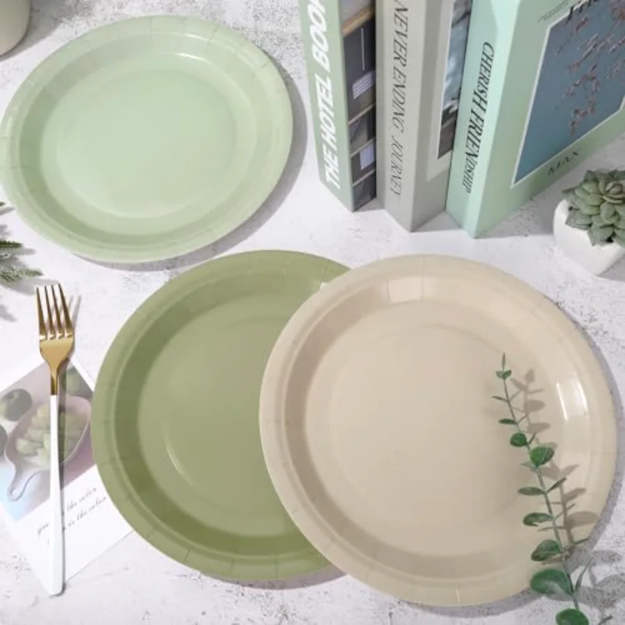60Pcs Sage Green Paper Plates 9 Inch Gradient Green Beige Color Round, view 4