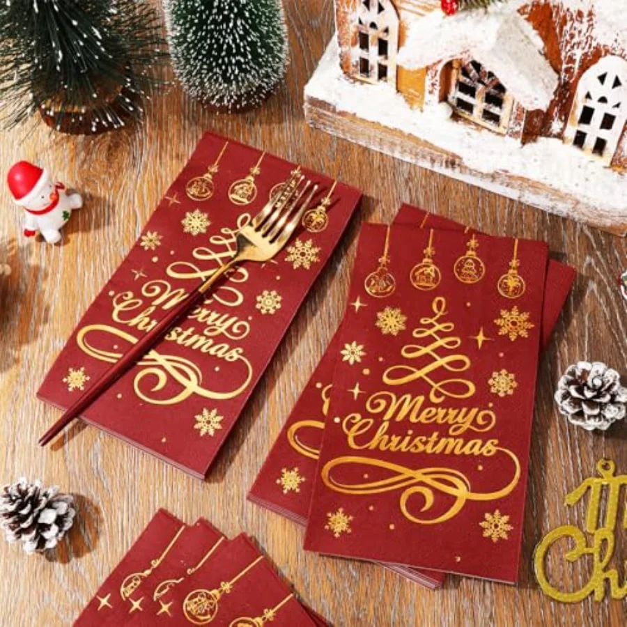 Merry Christmas Guest Paper Napkin Red Gold Foil 3 Ply Disposable Napkin, view 4