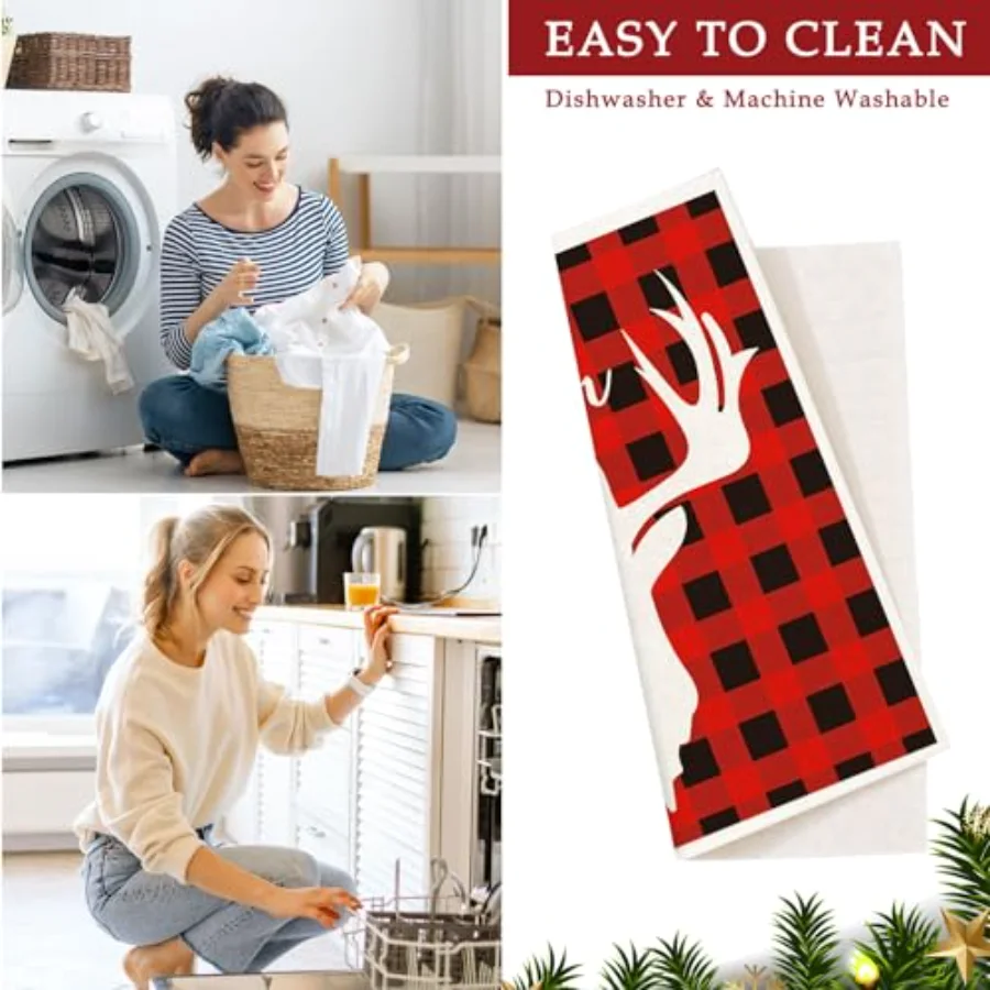6Pcs Christmas Swedish Dishcloths Red Buffalo Plaid Xmas Dish Towels Xmas, view 4