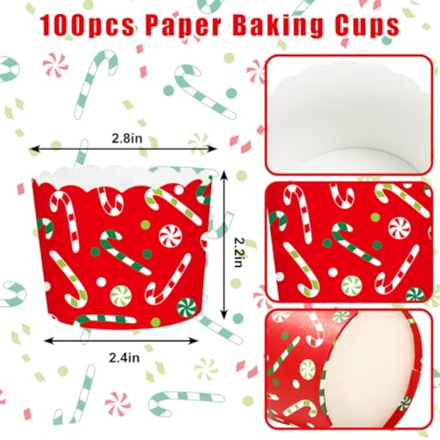 100Pcs Christmas Paper Baking Cups Red Green Candy Cane Cupcake Wrappers, view 2