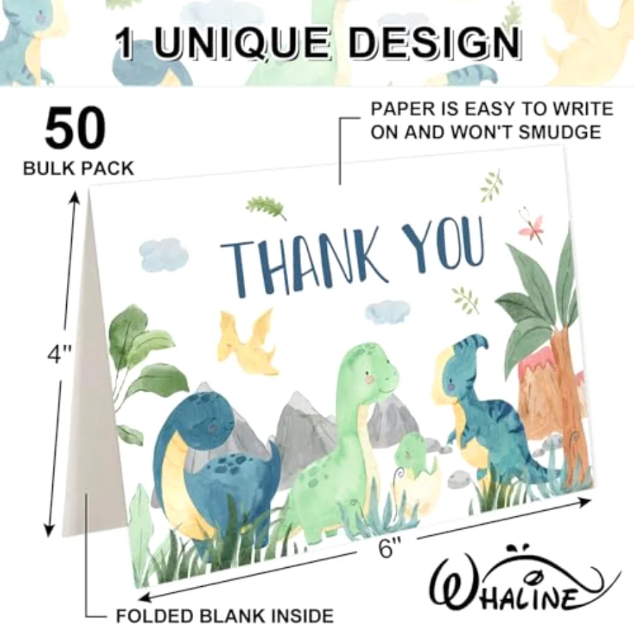 50 Pack Dinosaur Thank You Cards Boxed Watercolor Greeting Cards with, view 2