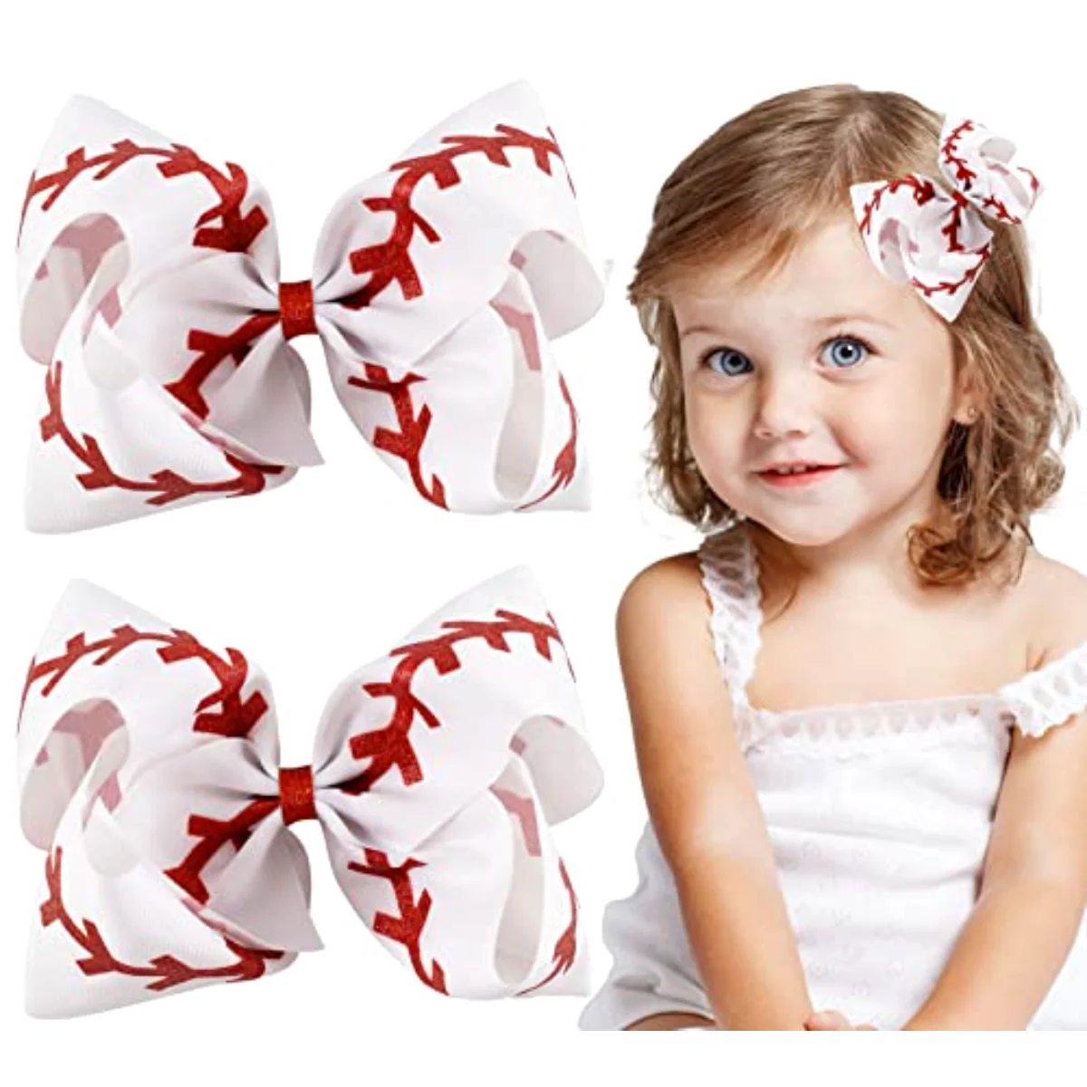 2Pcs Baseball Glitter Hair Bow Clips Red and White Baseball Cheer